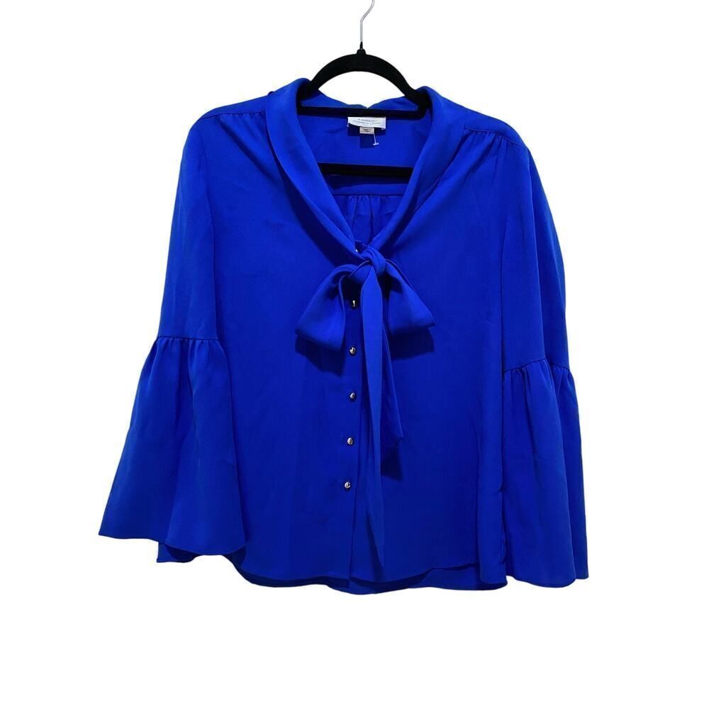 TAHARI Career Wear Bell Sleeves Button Down Front Tie Blouse Royal Blue Size S